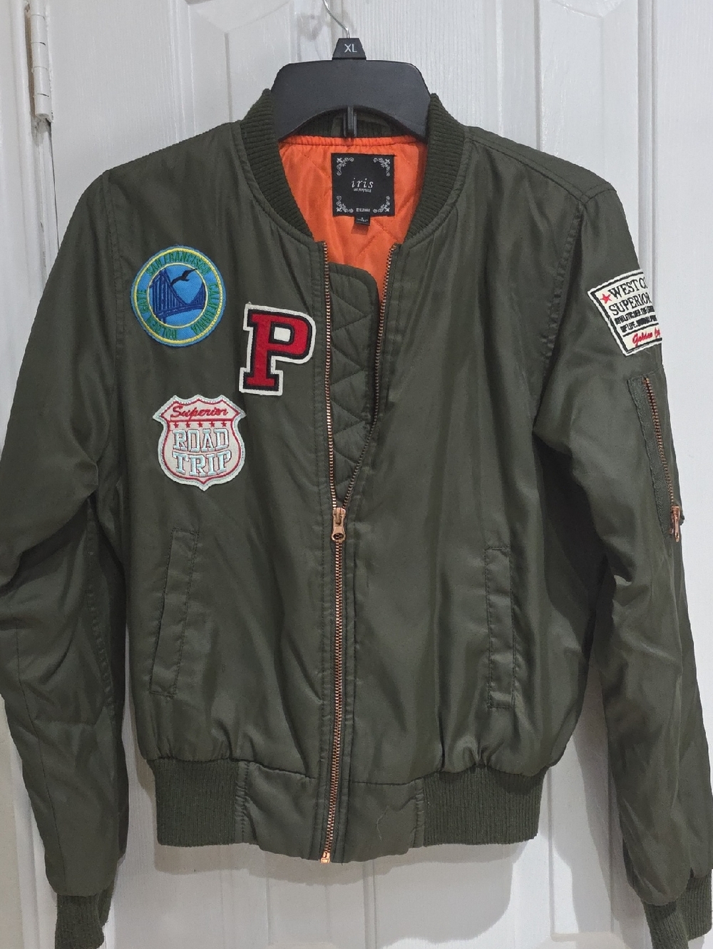 iris Olive Green Bomber Jacket with Orange Lining and Patch Accents Size S